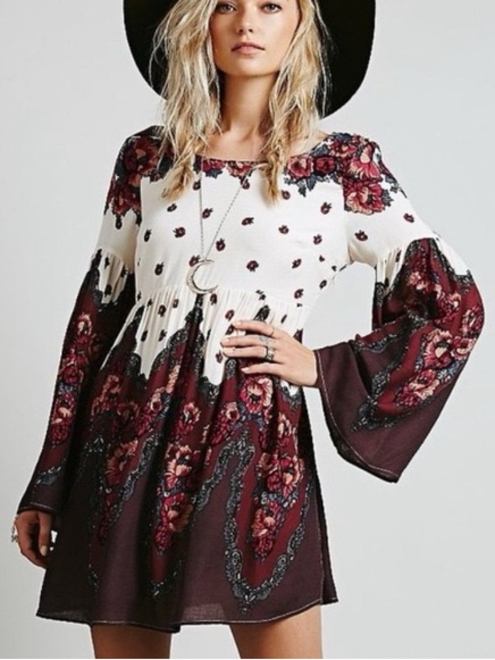 Free People Burgundy & Cream Floral Bell Sleeve Mini Dress